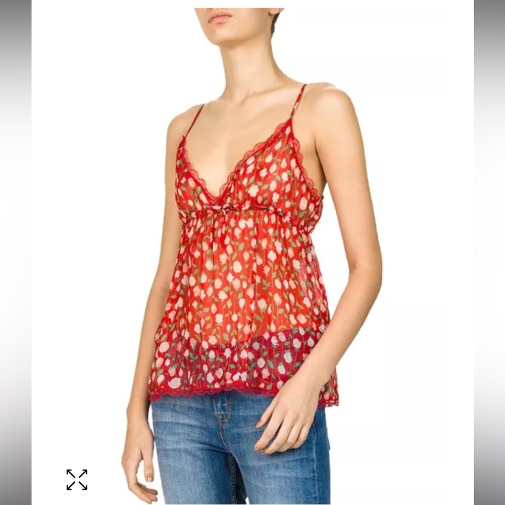 THE KOOPLES | Sheer Floral Print Cami Scallop Edge Red Small/1